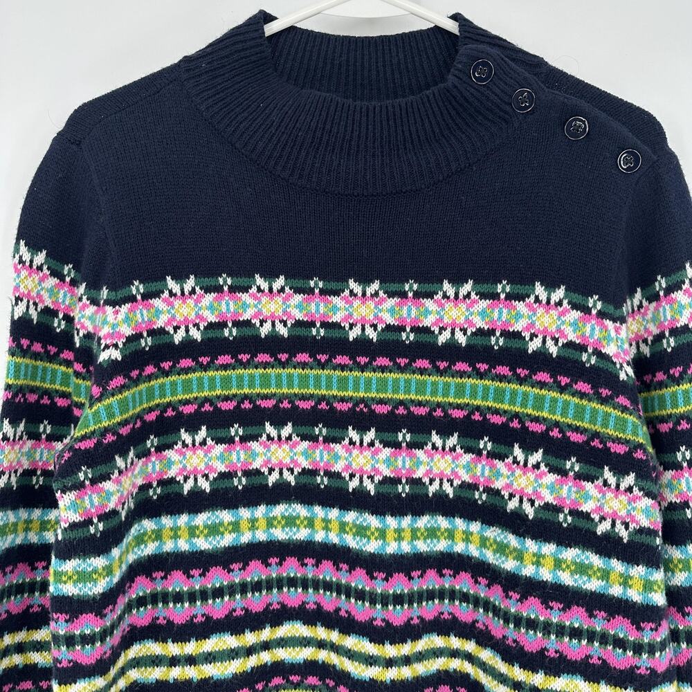 Talbots Sweater Womens Small Navy Fair Isle Mock Neck Button Shoulder Pullover - Picture 2 of 10
